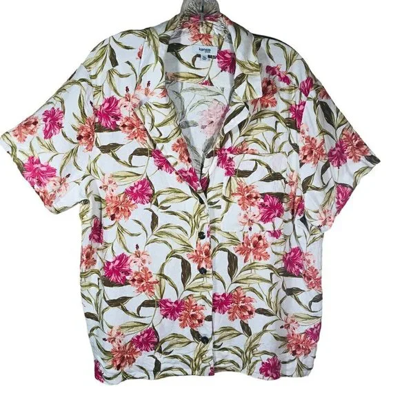 Kensie Jeans Linen Viscose Pink Floral Camp Shirt Size XL - Picture 2 of 6